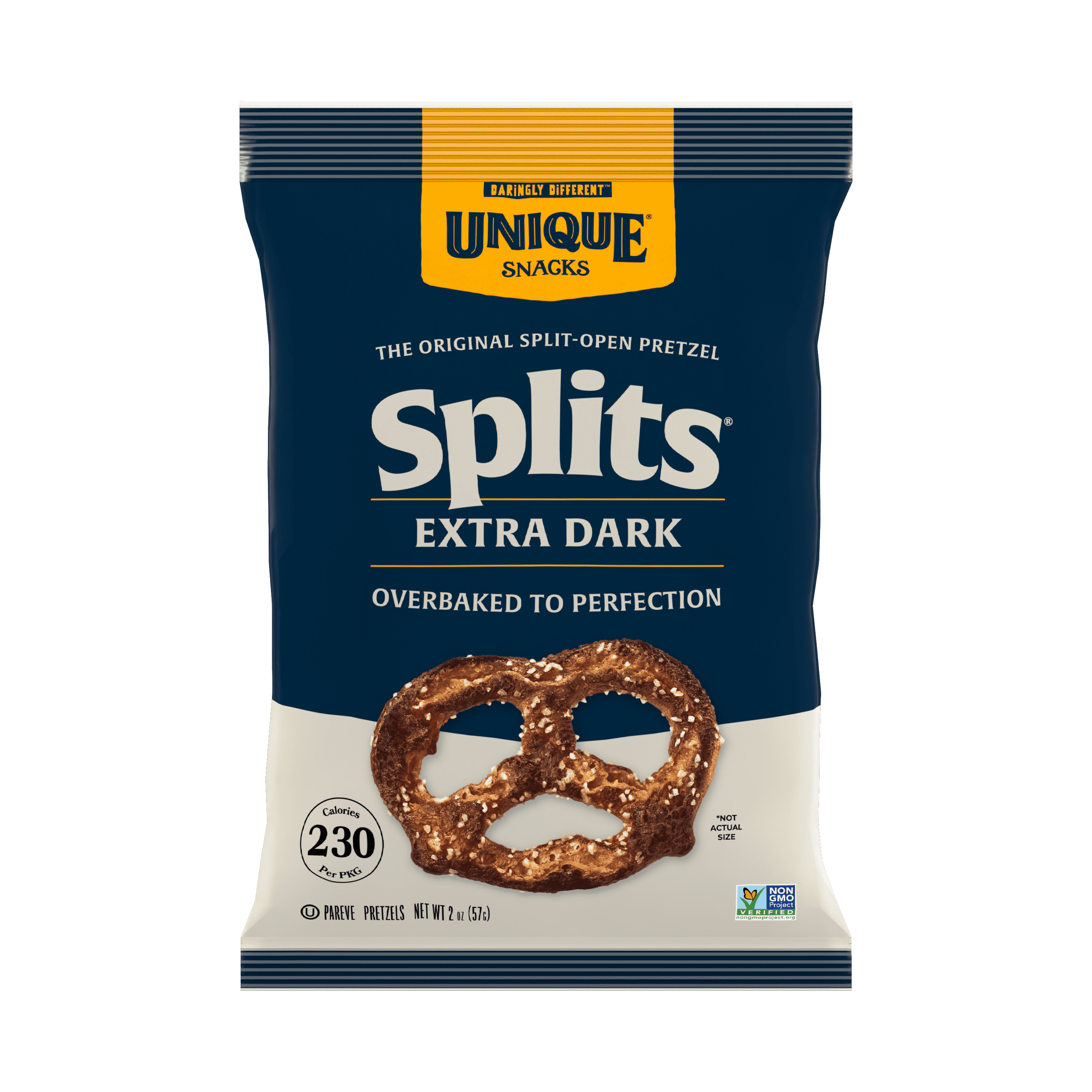 Unique Snacks - Unique Pretzels Extra Dark Flavored Pretzel Splits, All Natural Baked, 2.1 Ounce Bags, (Pack of 24)