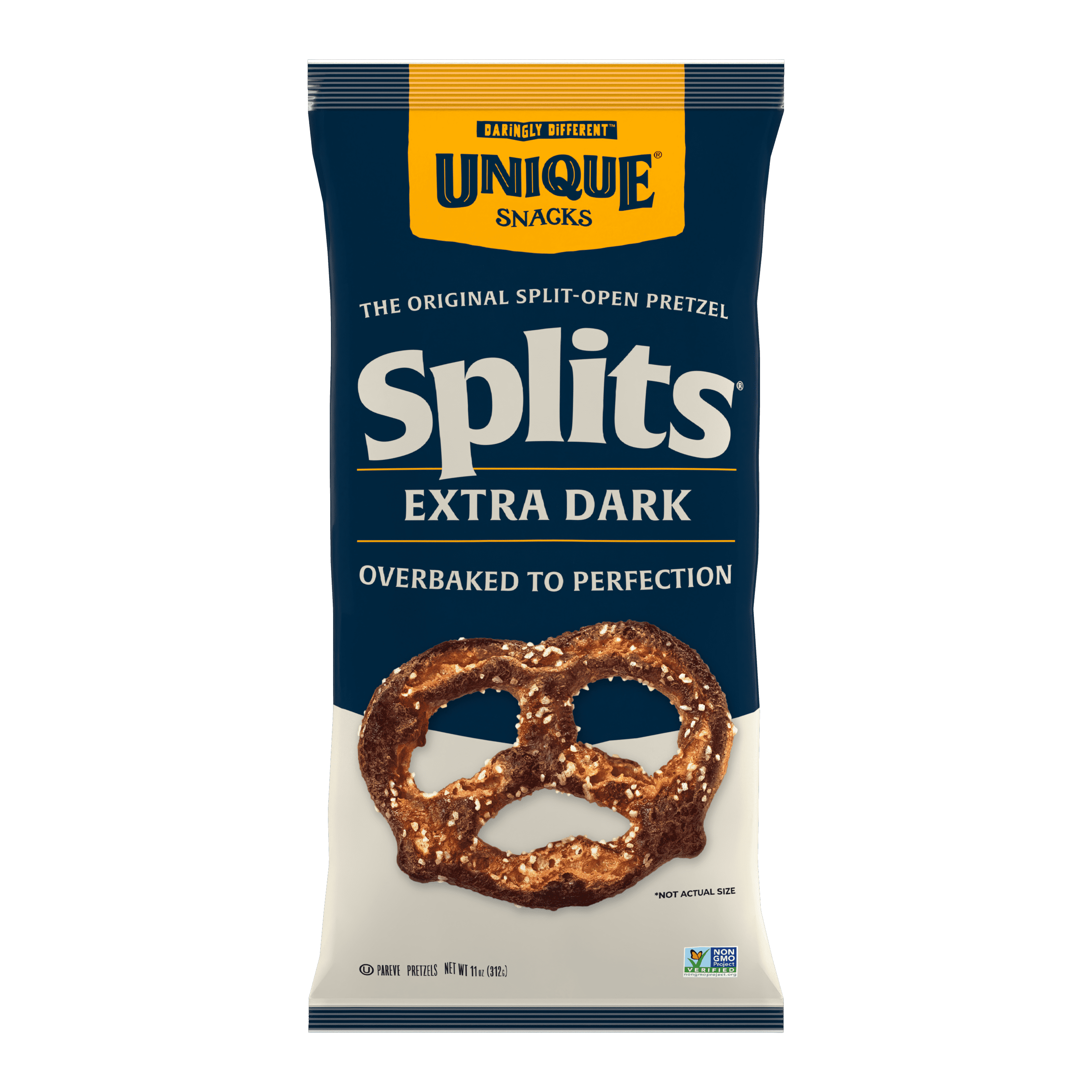 Unique Snacks Extra Dark Splits Pretzels, All Natural Baked, Crunchy Caramelized Chewy, 11 Ounce Bags, Pack of 3
