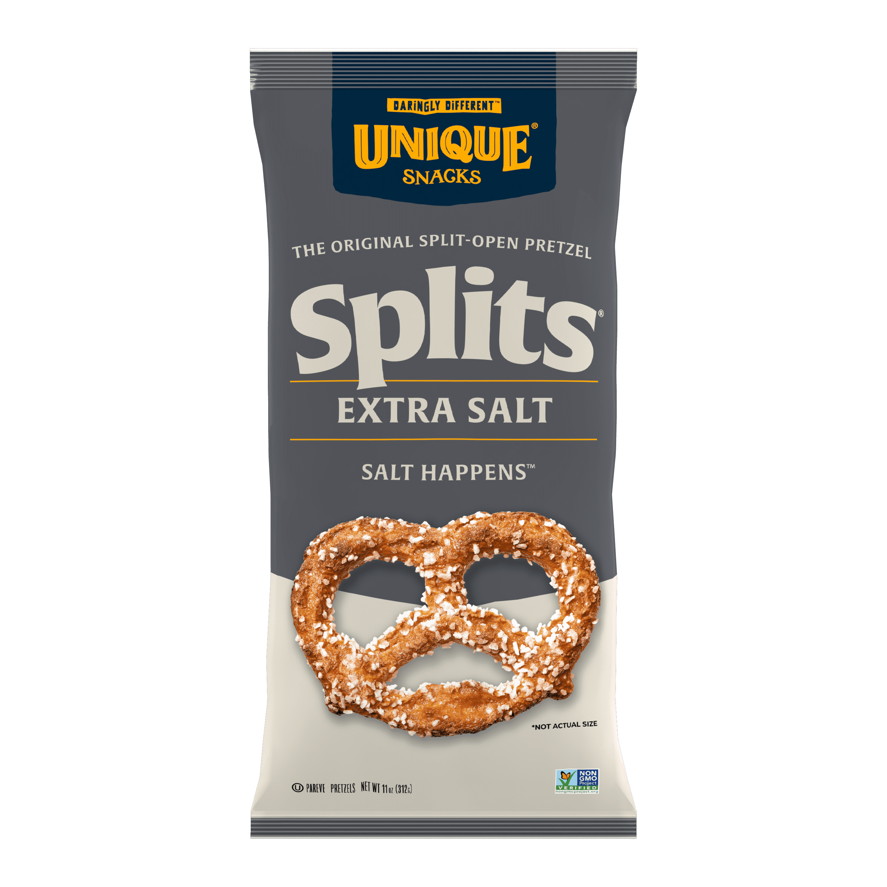 Unique Snacks Seasoned Crunchy Gourmet Kosher Extra Salt Pretzel Splits, 11 Ounce Bags, 33 Ounces Total (Pack of 3)