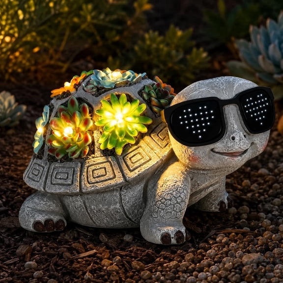 MIKISS Turtle Statue with I Love You LED Sunglasses and LED Succulent Lights, Lawn Decor Tortoise Figurine for Patios, Balconies, and Yards