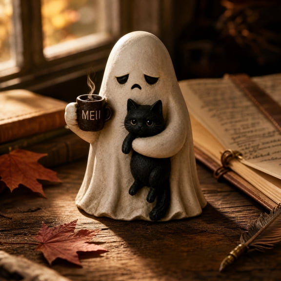 Unique Spooky Resin Sculpture, Ghost Embracing Black Cat and Coffee Mug Figurine, Creative Table Ornament for Bedroom & Study Room