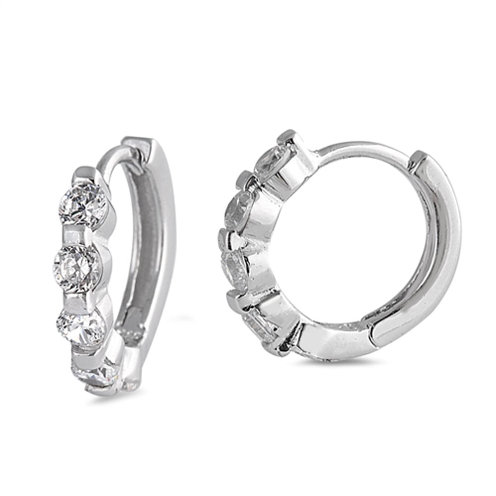 Unique Studded Huggie Hoop Sparkly Clear CZ .925 Sterling Silver Huggie Hoop Earrings Female
