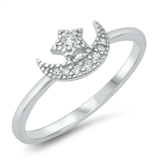 Unique Studded Star Moon Ring .925 Sterling Silver Band Jewelry Female Male Unisex Size 7