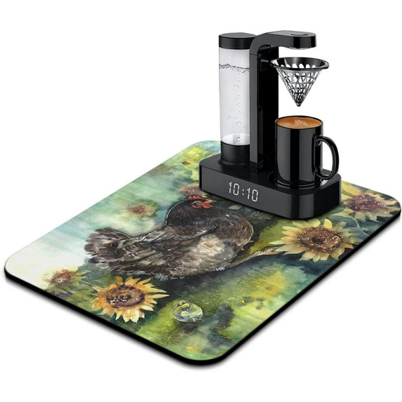Unique Sunflower and Rooster Coffee Maker Mat Diatom Mud Dish Drying Mat for Kitchen Counter Pet Coffee Drying Pad Diatom Mud Absorbs Water Dish Drying Mat 18" X 24"/16" X 18"
