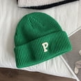 thumbnail image 1 of Unique Sweet Crochet Minority Solid Colors Letter P Women Skullies Hat Fashion Design Korean Style Hat Knitting Beanie DARK GREEN, 1 of 8
