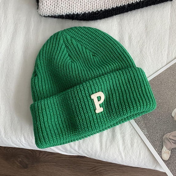 Unique Sweet Crochet Minority Solid Colors Letter P Women Skullies Hat Fashion Design Korean Style Hat Knitting Beanie DARK GREEN