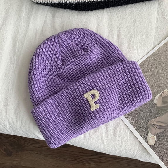 Unique Sweet Crochet Minority Solid Colors Letter P Women Skullies Hat Fashion Design Korean Style Hat Knitting Beanie PURPLE