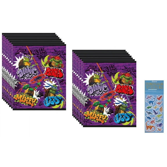 Unique TMNT Mutant Ninja Turtles Party Favors, 16 Plastic Loot Bags, 1 Dinosaur Sticker Sheet