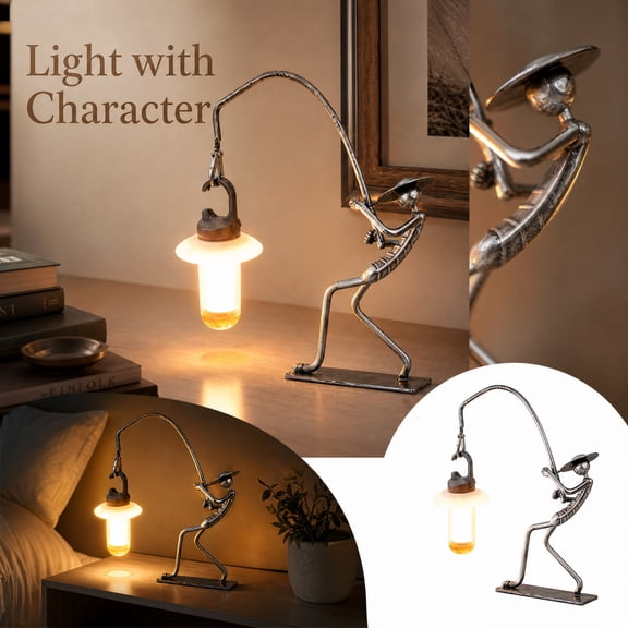 Unique Tabletop Ornament, Office Desk Decor, Desk Lamps for Home Office, Fishing Decor, Desk Lamp, 10X4.5 Inch Vintage Style Metal Humanoid Fisherman Table Lamp, Adjustable Soft