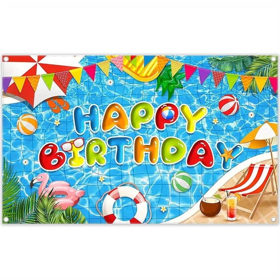 Unique Tapestry 1 Piece-Summer Pool Party Fabric Craft Tapestry Hawaiian Waterscape Background Swimming Ball Tropical Palm Tree Boys Girls Birthday Decoration Photo Booth
