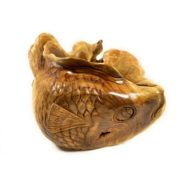 Unique Teak Root Bowl w/ Carved Koi Fish 15" X 13" X 10" - Centerpiece | #cin02g