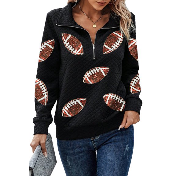 Unique Textured Sweatshirt with Rugby Football Patterns and Sequins - Black | [ZhiHiMeRi] | (US 4-6)S