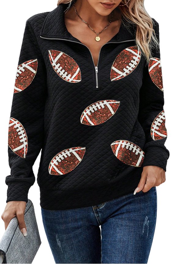 Unique Textured Sweatshirt with Rugby Football Patterns and Sequins - Black | [ZhiHiMeRi] | (US 4-6)S