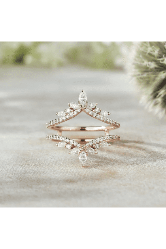 Unique Tiara Diamond Ring Enhancer in 14K Rose Gold Vermeil- Double Curved Wedding Band Stacking Matching Ring