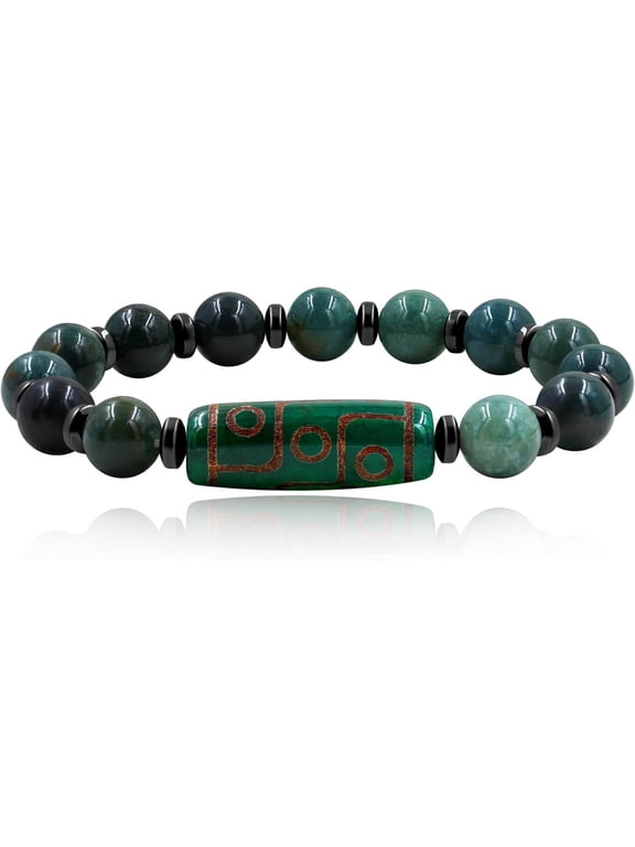 Unique Tibetan 9 Eye Dzi Bead Stretch Bracelet for Men Natural Agate and Green Jade Stone Prayer Bracelet Classic Meditation Spiritual Jewelry Meaningful Gift for Religious Beliefs