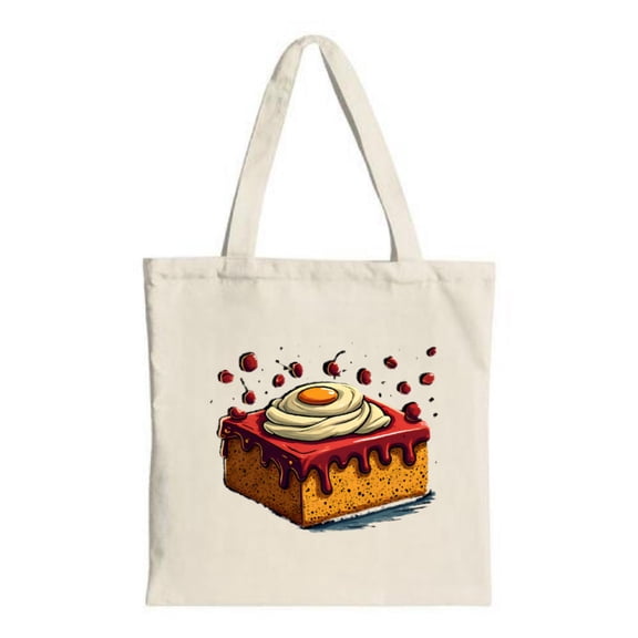 Unique Tote Bag featuring a whimsical cake topped with a fried egg and red sauce perfect for parties travel and shopping