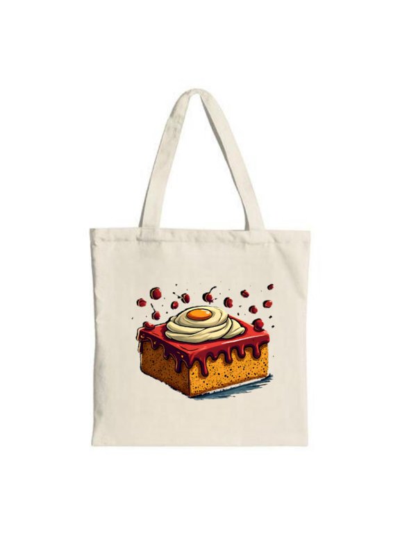 Unique Tote Bag featuring a whimsical cake topped with a fried egg and red sauce perfect for parties travel and shopping