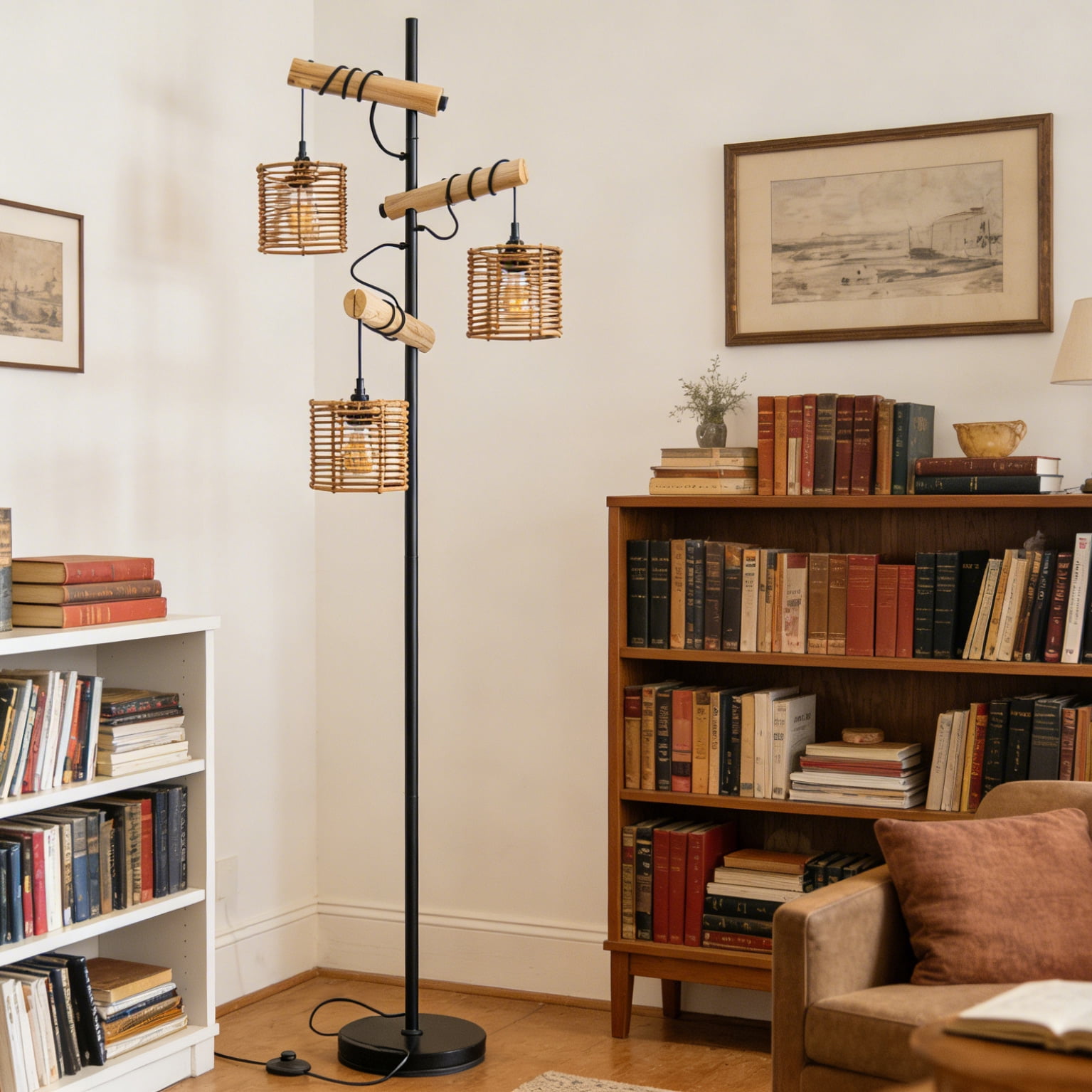 Unique  Tree  Floor Lamp Rattan Shade with  Standing Lamps Decor for Bedroom Living Room Office