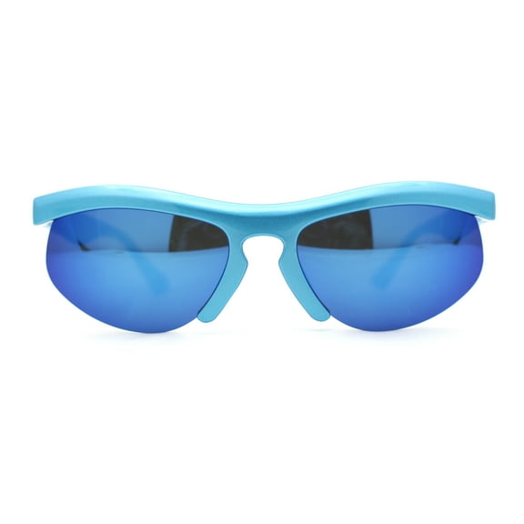 Unique Trendy 90s Sport Half Rim Plastic Fashion Sunglasses Metalic Blue - Blue Mirror