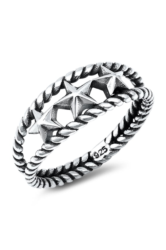 Unique Triple Northern Star Nautical Rope Ring .925 Sterling Silver Band Jewelry Female Male Size 9