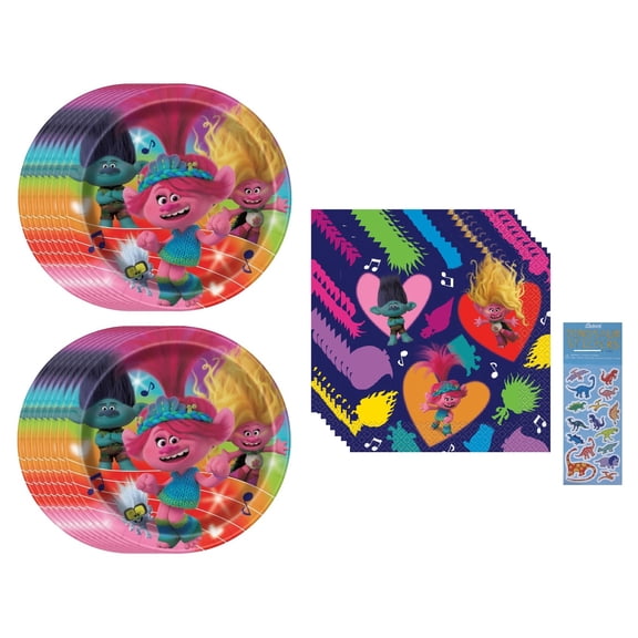 Unique Trolls Birthday Party Supplies Bundle with Sticker Sheet, Multicolor, 32 Count