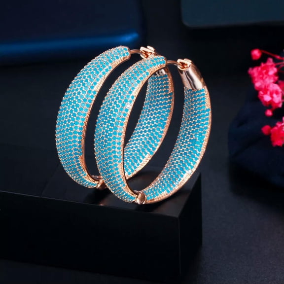 Unique Turkish Light Blue CZ Bridal Ladies Wedding Large Round Loop Hoop Earring