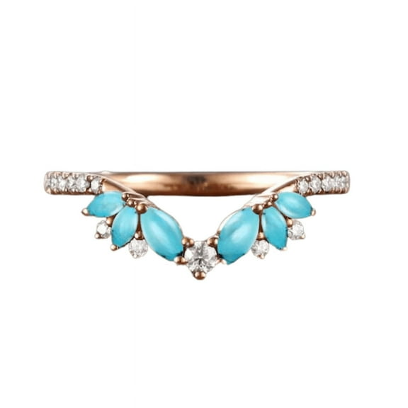 Unique Turquoise Wedding Band Rose Gold Turquoise Ring Chevron Ring Moissanite Curved Wedding Ring Stackable Rings Art Deco Promise Rings