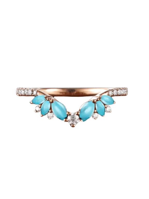 Unique Turquoise Wedding Band Rose Gold Turquoise Ring Chevron Ring Moissanite Curved Wedding Ring Stackable Rings Art Deco Promise Rings