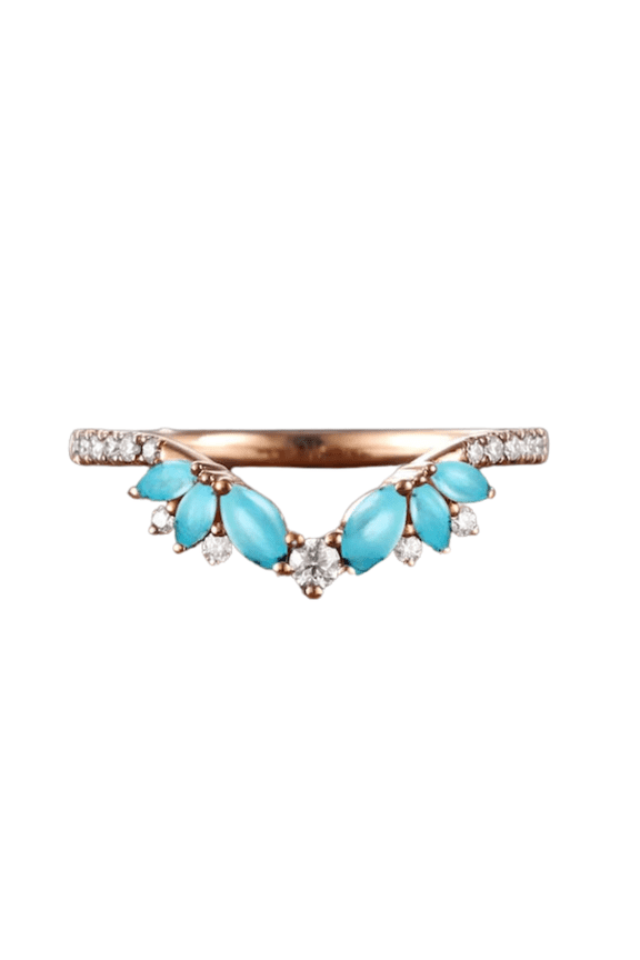 Unique Turquoise Wedding Band Rose Gold Turquoise Ring Chevron Ring Moissanite Curved Wedding Ring Stackable Rings Art Deco Promise Rings