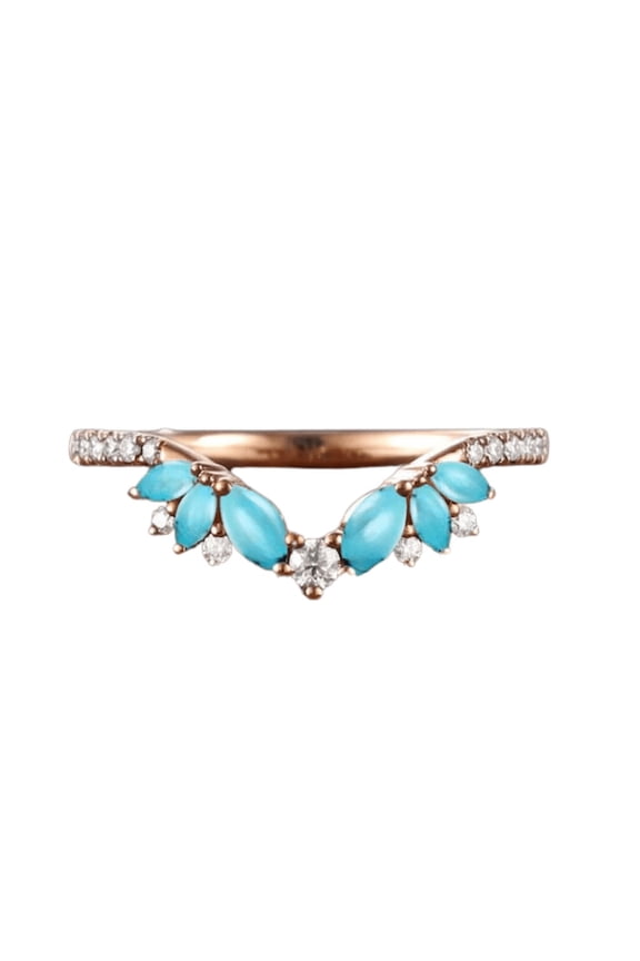 Unique Turquoise Wedding Band Rose Gold Turquoise Ring Chevron Ring Moissanite Curved Wedding Ring Stackable Rings Art Deco Promise Rings
