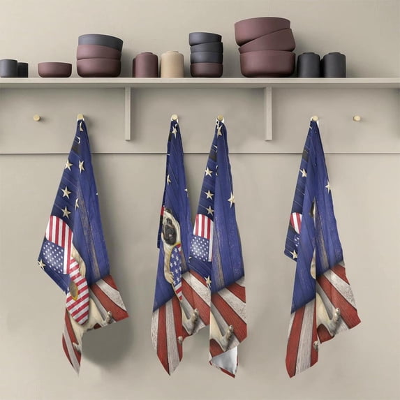 Unique USA Flag Tea Towels Set of 6 Cute Pug Dog Kitchen Dish Cloth with Hanging Loop, 18"x28"Lint-Free Absorbent Towel for Kitchen Drying Wiping and Cleaning