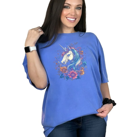 Unique Unicorn Graphic Tee, Fantasy Animal Art Shirt, Magical Floral Unicorn Print, Rainbow Mane T-Shirt, Women Men Kids Clothing, Flo Blue Comfort Colors T-Shirt, Medium