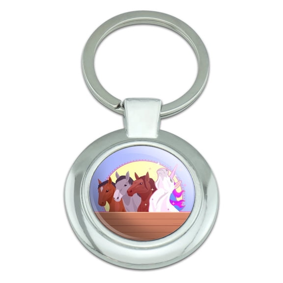 Unique Unicorn with Horses in Stable Keychain Classy Round Chrome Plated Metal