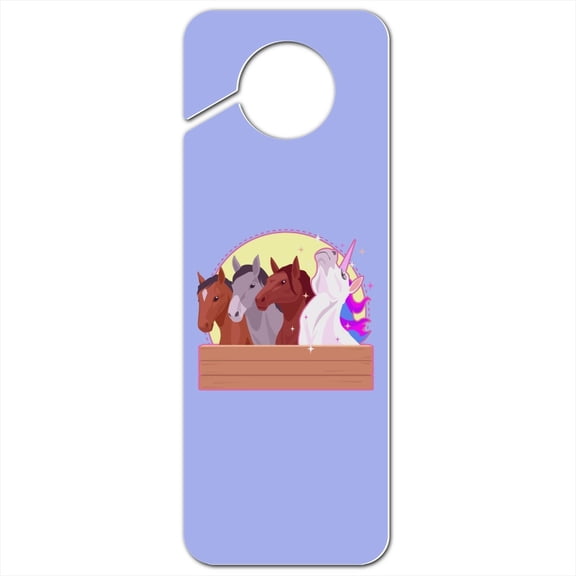 Unique Unicorn with Horses in Stable Plastic Door Knob Hanger Sign