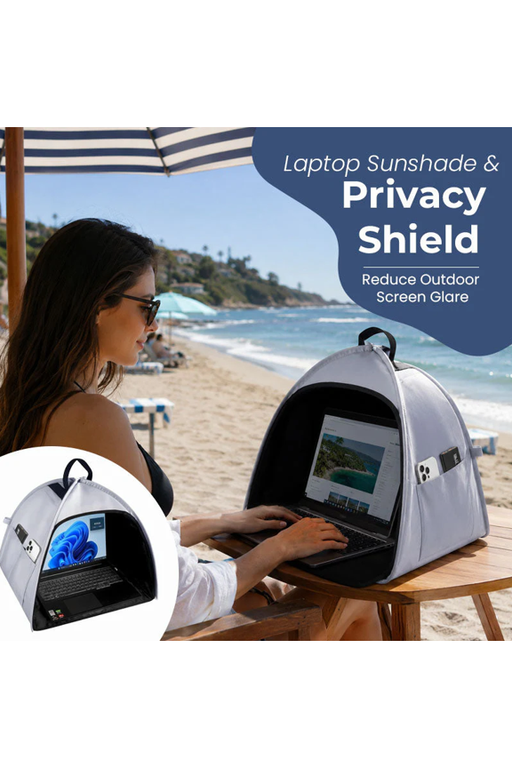 Unique Universal Foldable Laptop Sun Shade - LAPTOP SUN SHADE AND PRIVACY SHIELD Built In Standage Pocket Fand Pens Cables Notes Compact Fits In Backpack and Luggage