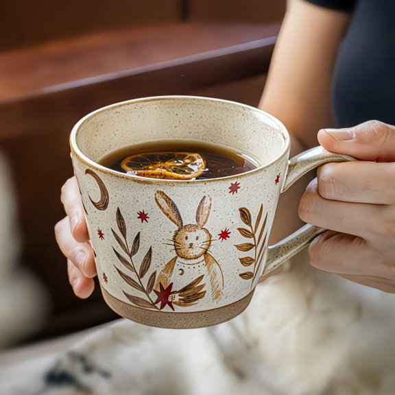 Unique V-Shaped Matte Ceramic Mug - Charming Star & Rabbit Design - 14.71oz Coffee Cup for Home & Office