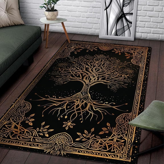 Unique Viking Yggdrasil Tree of Life Rug Rectangle Area Rug, Area Rug for Living Room & Bedroom, Low‑pile, Non‑slip Backing, Modern Minimalist Style , Modern Home Style
