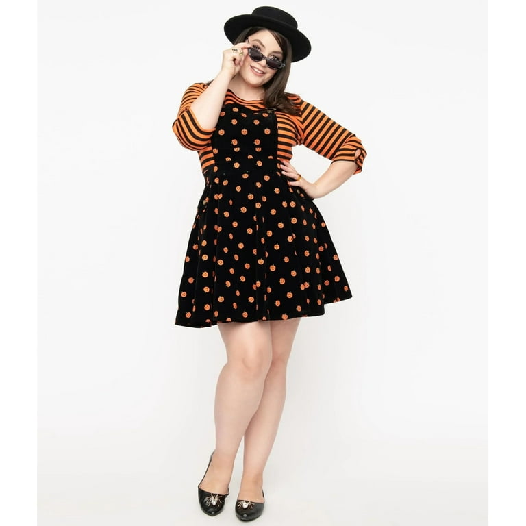 Unique Vintage Plus Size 1960s Black Orange Pumpkin Patch Corduroy Brionne Pinafore Skirt Size 1x 16 Cotton