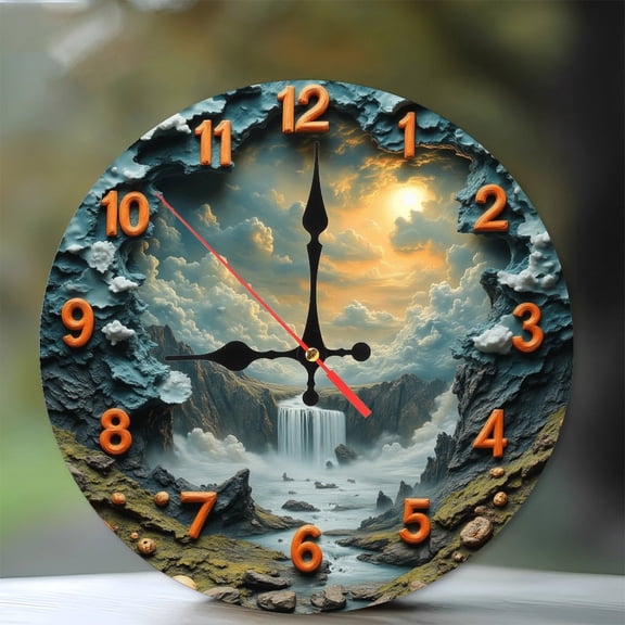 Unique Waterfall Landscape Wall Clock Home Decor 10-Inch Silent Wooden Wall Clock, Battery Operated (AA Batteries Not Included), Artistic Home Decor