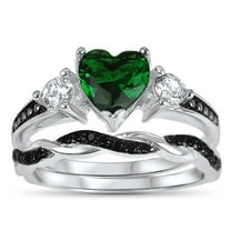 Unique Wedding Engagement Ring Set Green Simulated Emerald Black CZ Sterling Silver Silver Bridal Set Size 6