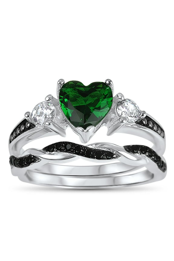 Unique Wedding Engagement Ring Set Green Simulated Emerald Black CZ Sterling Silver Silver Bridal Set Size 6