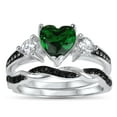thumbnail image 1 of Unique Wedding Engagement Ring Set Green Simulated Emerald Black CZ Sterling Silver Silver Bridal Set Size 8, 1 of 4