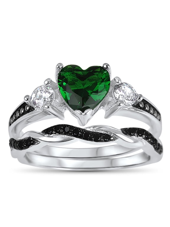 Unique Wedding Engagement Ring Set Green Simulated Emerald Black CZ Sterling Silver Silver Bridal Set Size 9