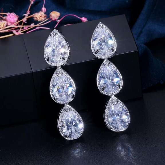 Unique White Gold CZ Long Dangle Tear Drop Women Earrings Fashion Party Jewelry