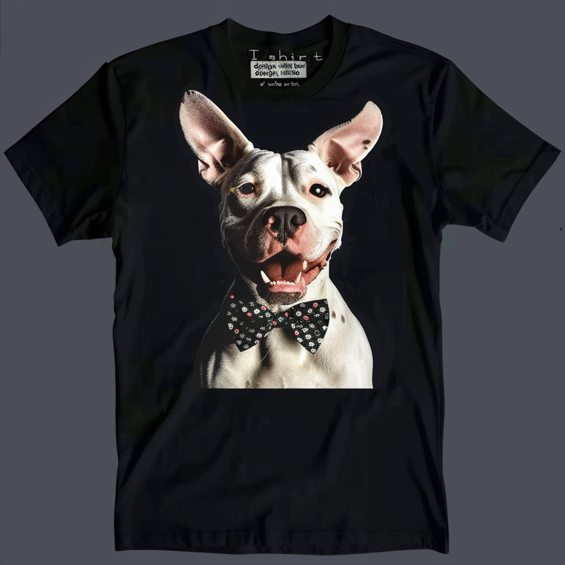 Unique White Pitbull with Bow Tie Portrait Black Tee Stylish Dog Lover ...