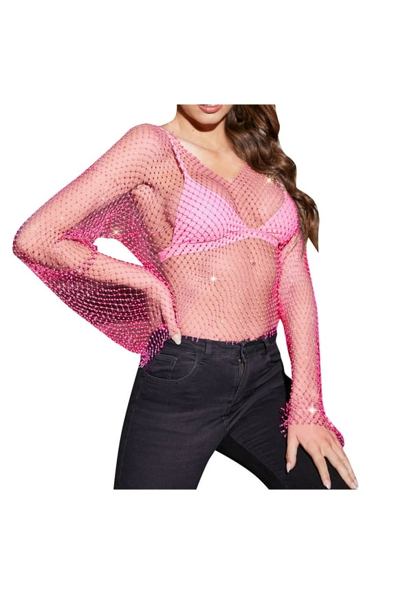 Unique Women's Mesh Diamond Mesh Body Chain Crystal Crop Top, See-through Design, Adjustable Length for Women