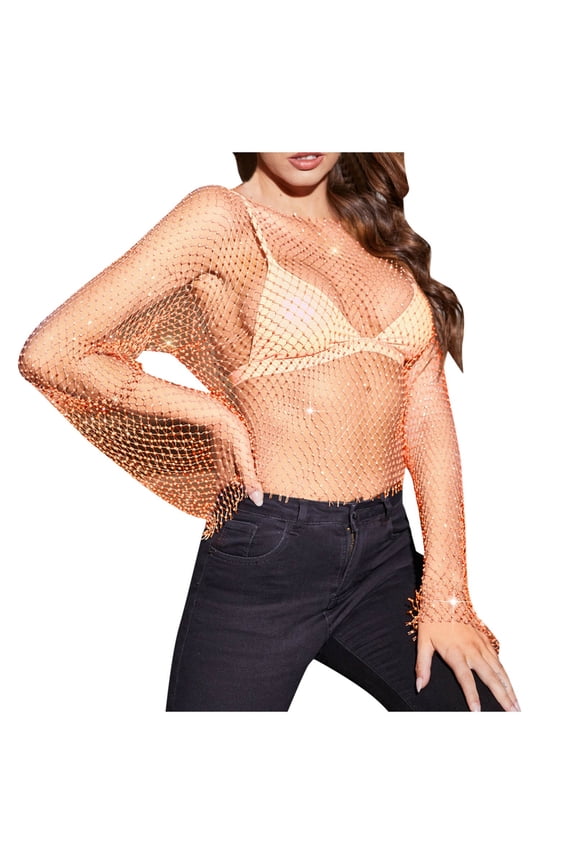Unique Women's Mesh Diamond Mesh Body Chain, Long Sleeved Crop Top, Rhinestone Cover, Suitable for Beach and Party