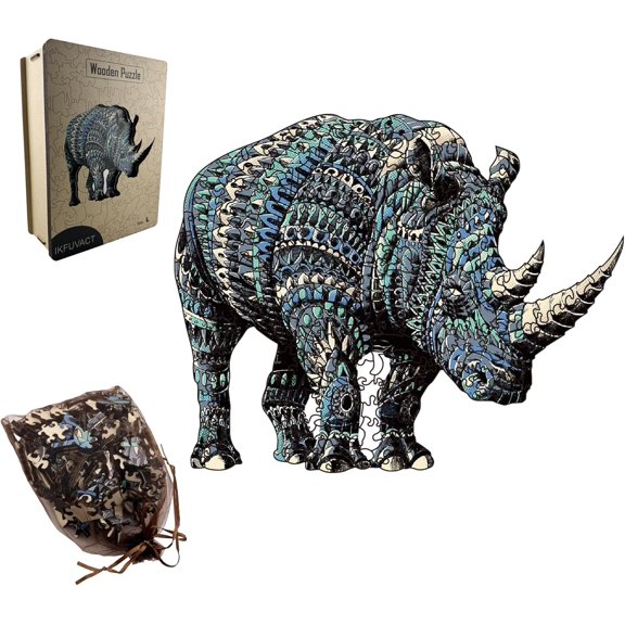 Unique Wooden Jigsaw Puzzles, Wood Puzzles for Adults, Family Puzzle Game (Rhinoceros, Medium)