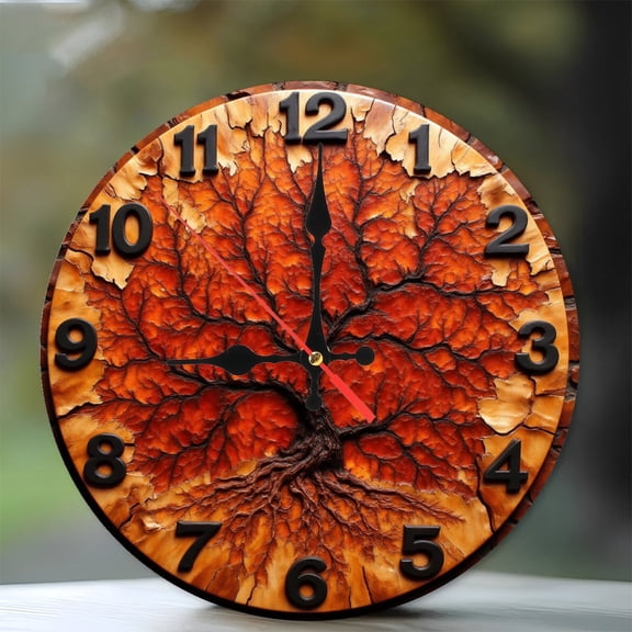 Unique Wooden Tree of Life Wall Clock Burnt Orange 10-Inch Silent Wooden Wall Clock, Battery Operated (AA Batteries Not Included), Artistic Home Decor