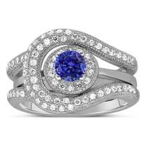 Unique and Luxurious 2.25 Carat Halo Art Deco Designer Round Shape Blue Sapphire Moissanite Diamond Wedding Ring Set in 10k White Gold